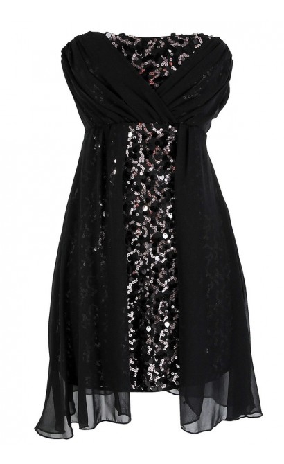 Sequin and Chiffon Overlay Black Strapless Dress